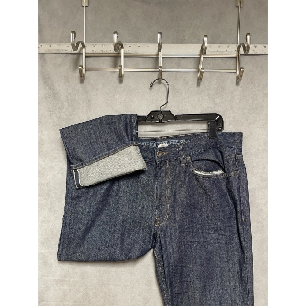 Men Selvedge Jeans 36X31 Raw Blu Denim RT66 Slim Straight Preppy Casual Route 66